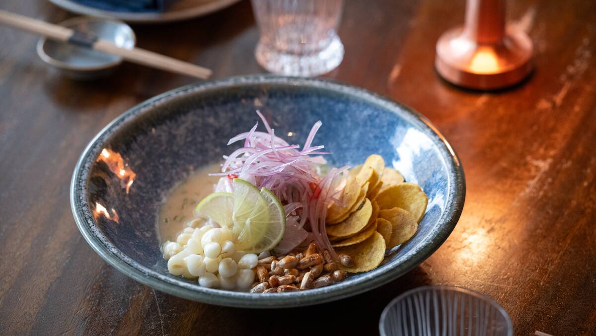Ceviche clasico, kingfish in citrus-based spiced marinade, coriander, crispy corn, sweet potato flakes and puree. Picture by Sitthixay Ditthavong
