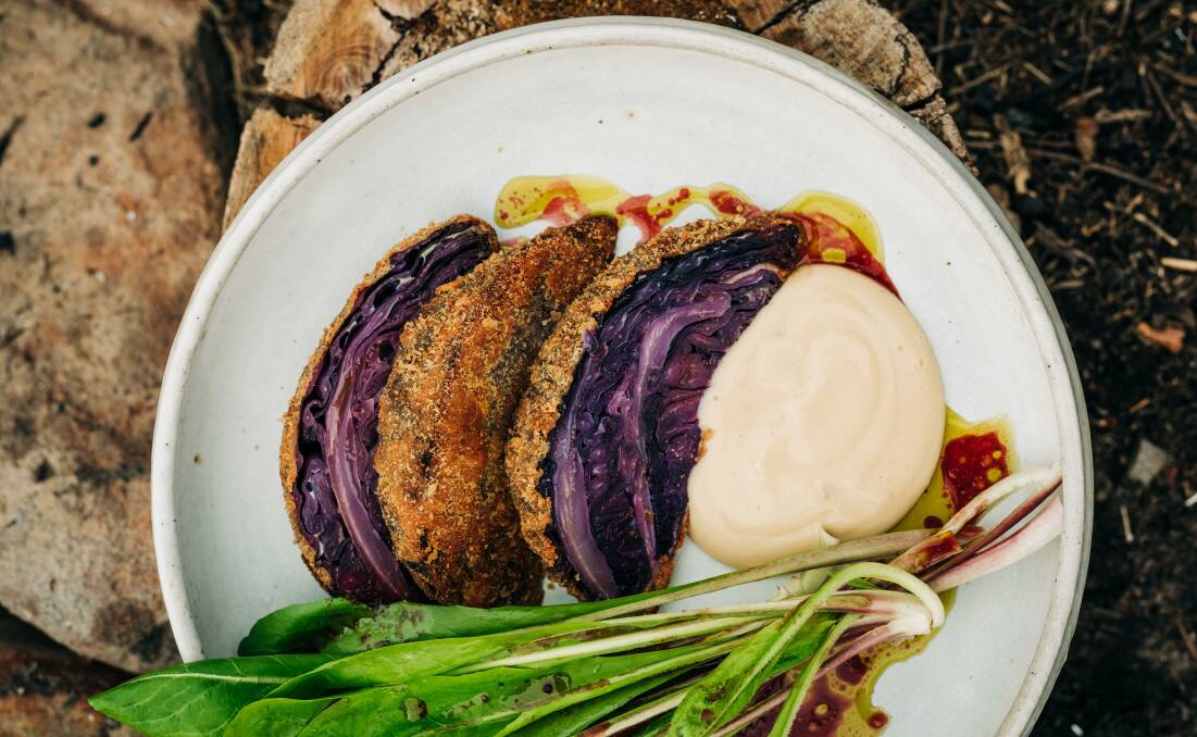 Red cabbage schnitzel with bitter leaves. Picture: Adam Gibson