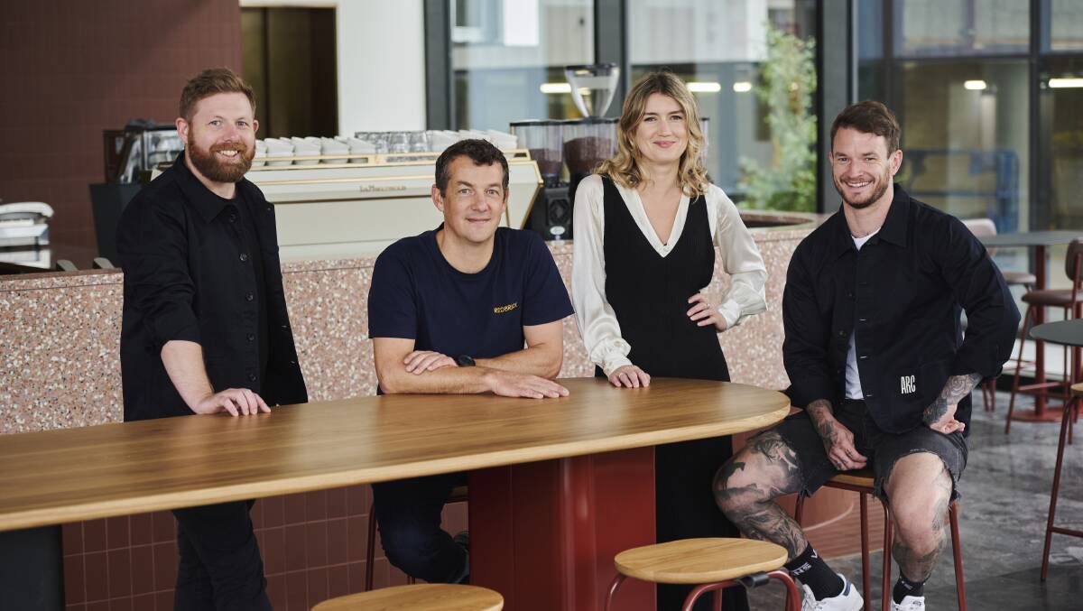Head chef Aaron Beattie, owner Tim Manning, general manager Madeleine Moore and venue manager Daniel Sparrow. Picture: Rohan Thomson