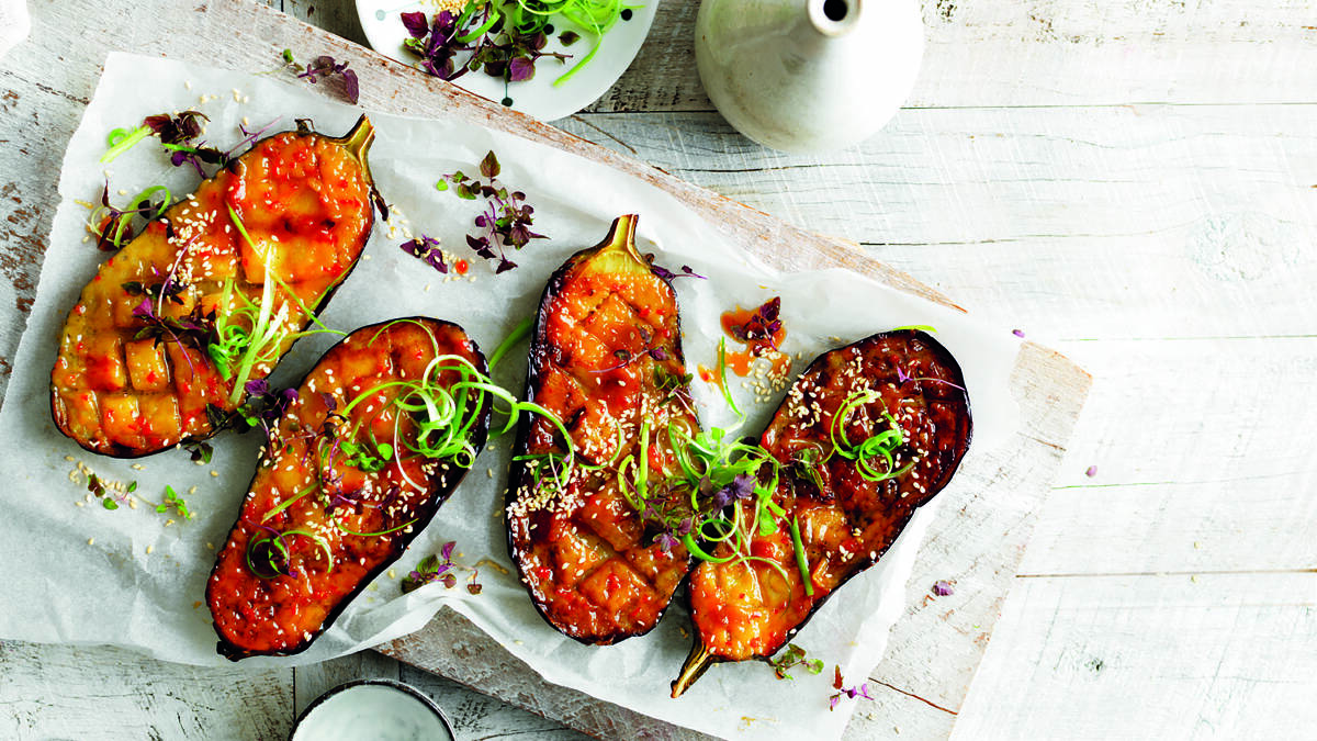Miso and chilli-glazed roasted eggplant. Picture: Supplied