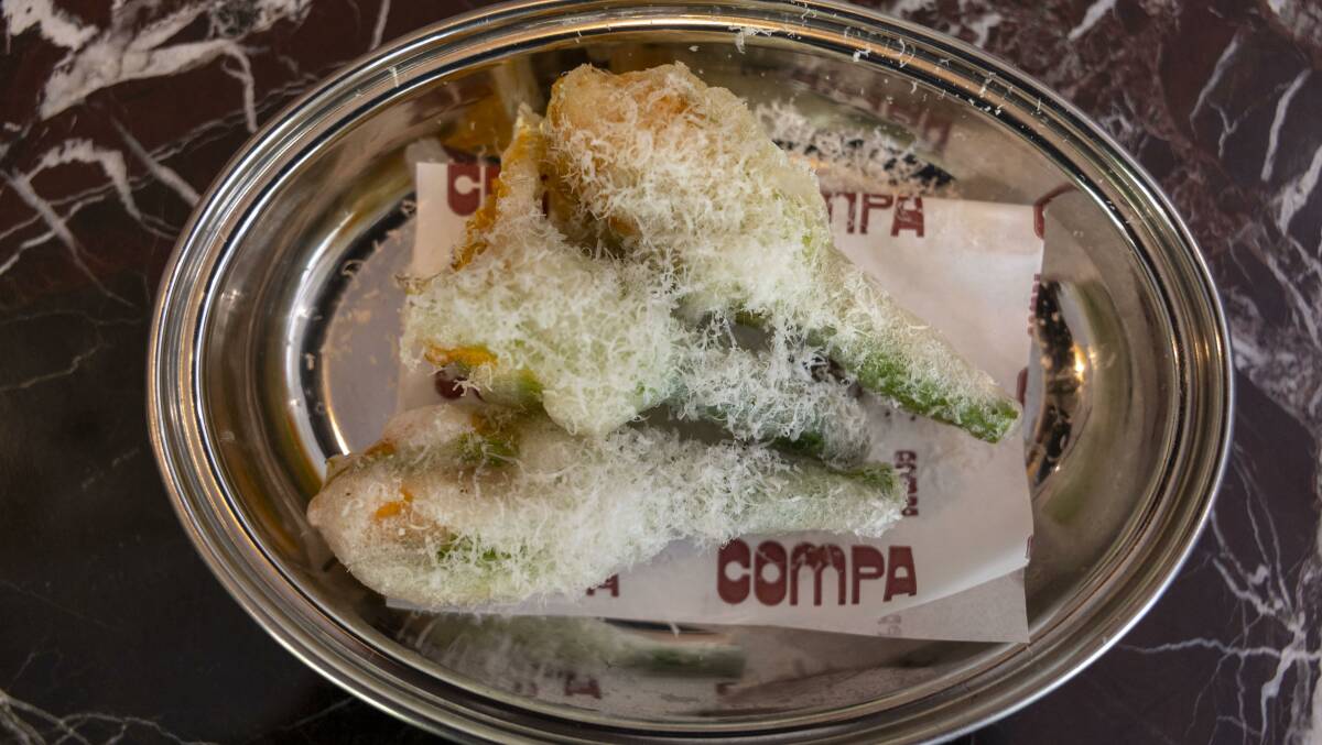 Fried zucchini flowers, tre formaggi and lemon. Picture by Gary Ramage