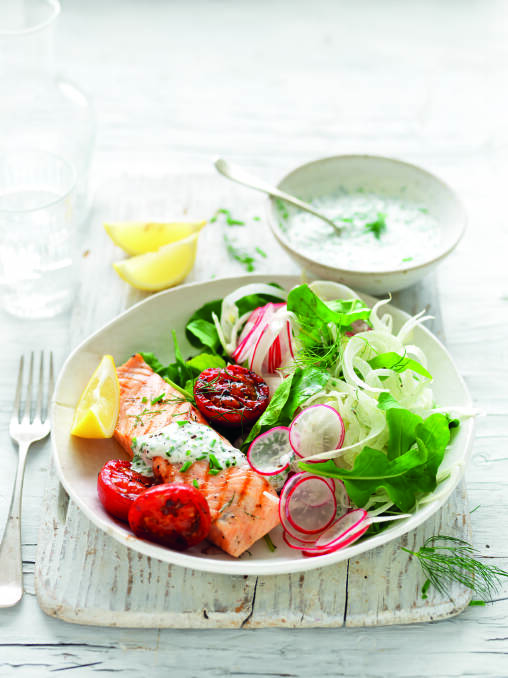 Char-grilled tomato, salmon and fennel salad. Picture: Supplied