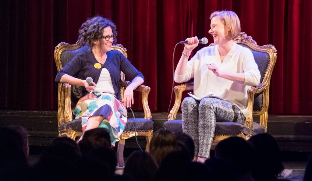 Annabel Crabb and Leigh Sales during one of their sell-out live shows in Canberra. Picture: Supplied
