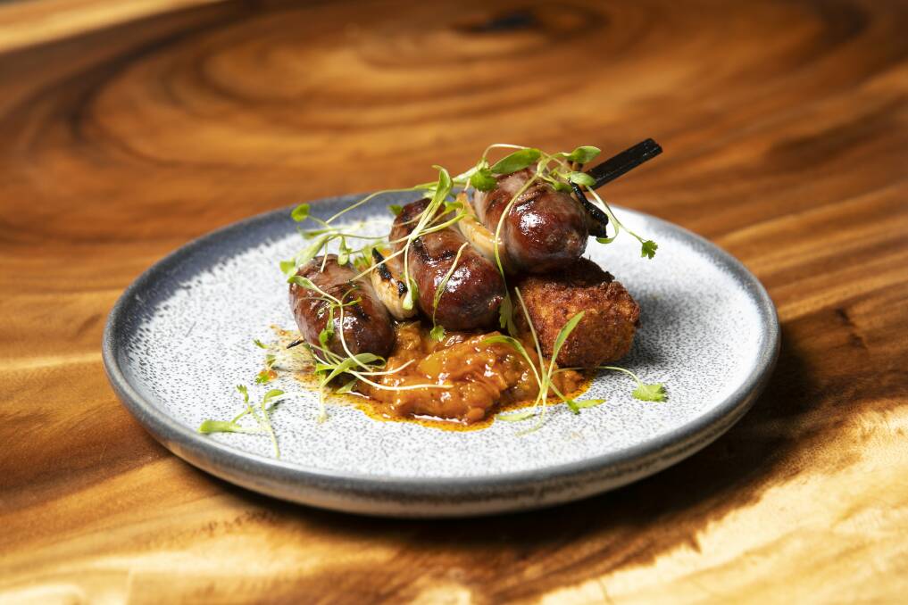Boerewors with coriander, cumin and corn croquette. Picture: Keegan Carroll
