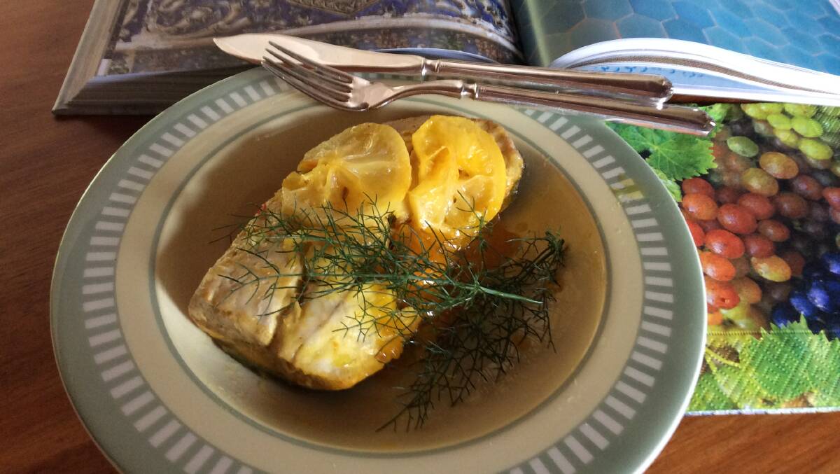 Kingfish poached in crushed grapes and saffron. Picture: Susan Parsons
