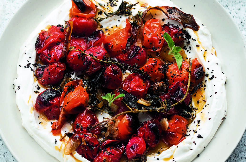 Hot charred cherry tomatoes with cold yoghurt. Picture supplied