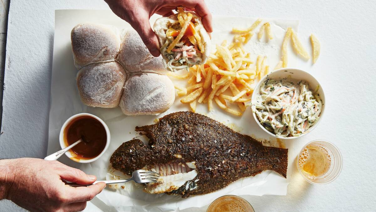 Charcoal flounder with celeriac coleslaw and flounder gravy. Picture: Rob Palmer 