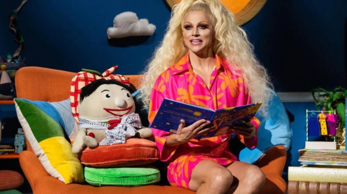Courtney Act leads storytime in an episode of Playschool. Picture supplied 