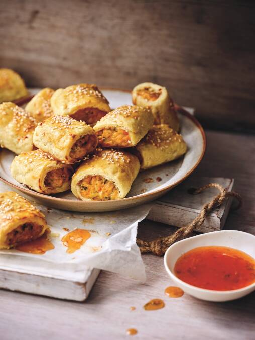 Thai chicken sausage rolls with lime and sweet chilli dipping sauce. Picture: Jeremy Simons
