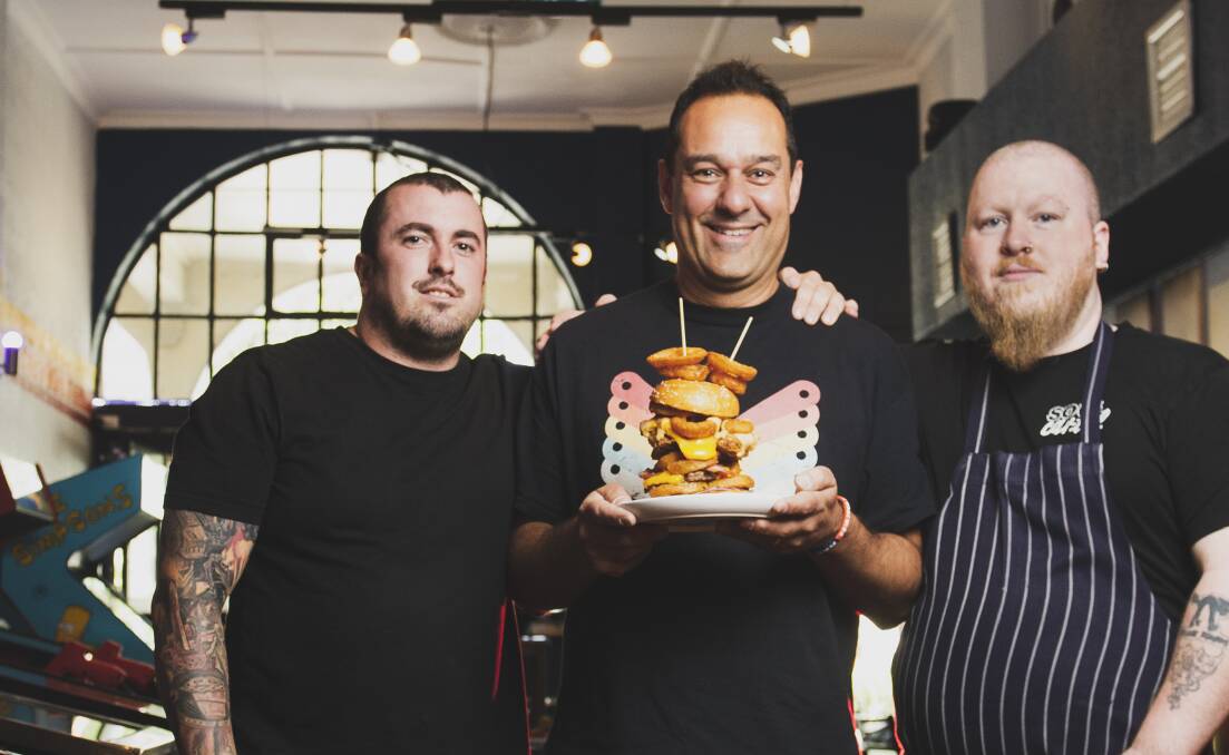 Marc Brown, Ravi Sharma and Peter Charming at Token Arcade and Kitchen with The Beast. Picture: Dion Georgopoulos