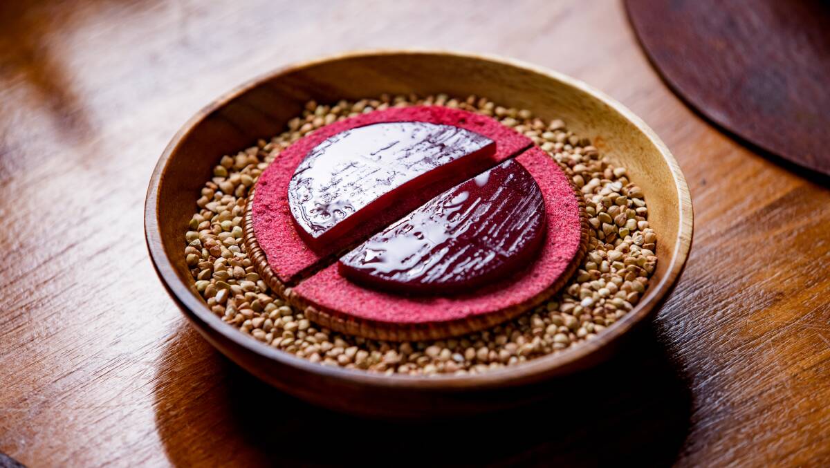 Aubergine's beetroot with smoked eel and raspberry vinegar. Picture: Sitthixay Ditthavong