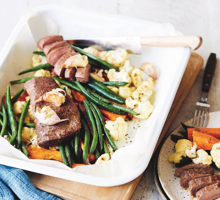 Lamb and roast veggie one-pan wonder. Picture: Supplied