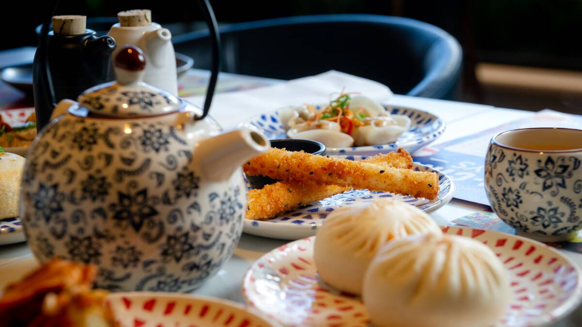 Yum cha lunch at Natural Nine includes salt and pepper squid, prawn toast spring roll, smoked eggplant bao and chicken and wakame dumplings. Picture: Elesa Kurtz