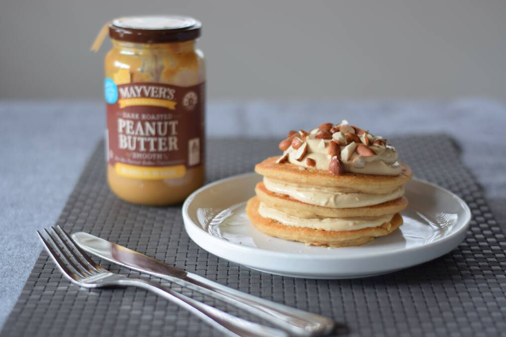 Gluten-free peanut butter pancakes with smooth peanut butter and honey Greek yogurt. Picture: Supplied 