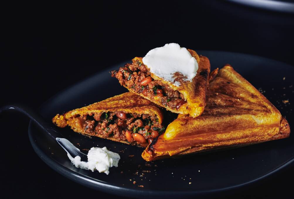 Darren Purchese's spicy lamb mince jaffle with soft labne spread. Picture: Brendon Harman