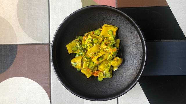 Fresh pasta with saffron and zucchini blossoms. Picture: Supplied