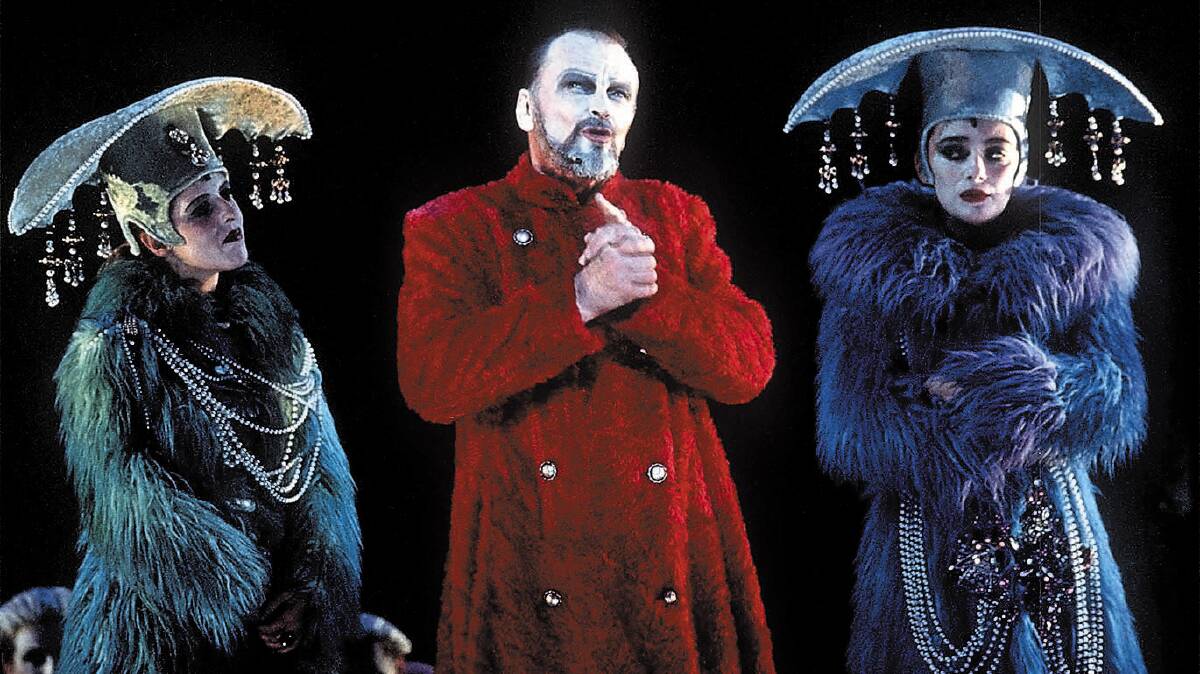 Di Adams (Regan), John Bell (King Lear) and Melita Jurisic (Goneril) in a Bell Shakespeare Company production of King Lear. Picture: Supplied