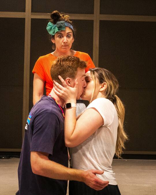 Ylaria Rogers (rear), Jake Fryer-Hornsby and Natasha Vickery in rehearsal for As You Like It. Picture: Tony Knight