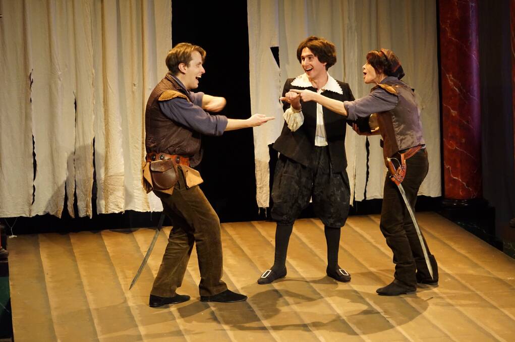 Rosencrantz (Josh Wiseman), left, Hamlet (Jack Shanahan) and Guildenstern (Lainie Hart) in Rosencrantz and Guildenstern Are Dead. Picture: Helen Drum