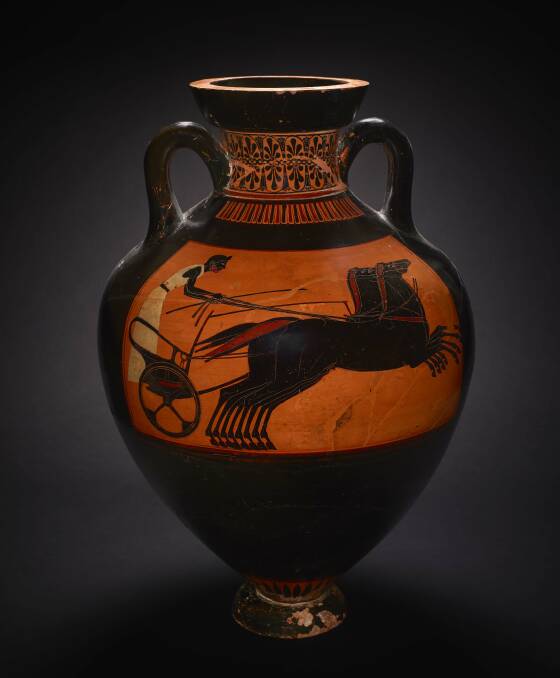 Panathenaic amphora, about 520 BC, depicting a Quadriga chariot race. Picture: Trustees of the British Museum, 2021.
