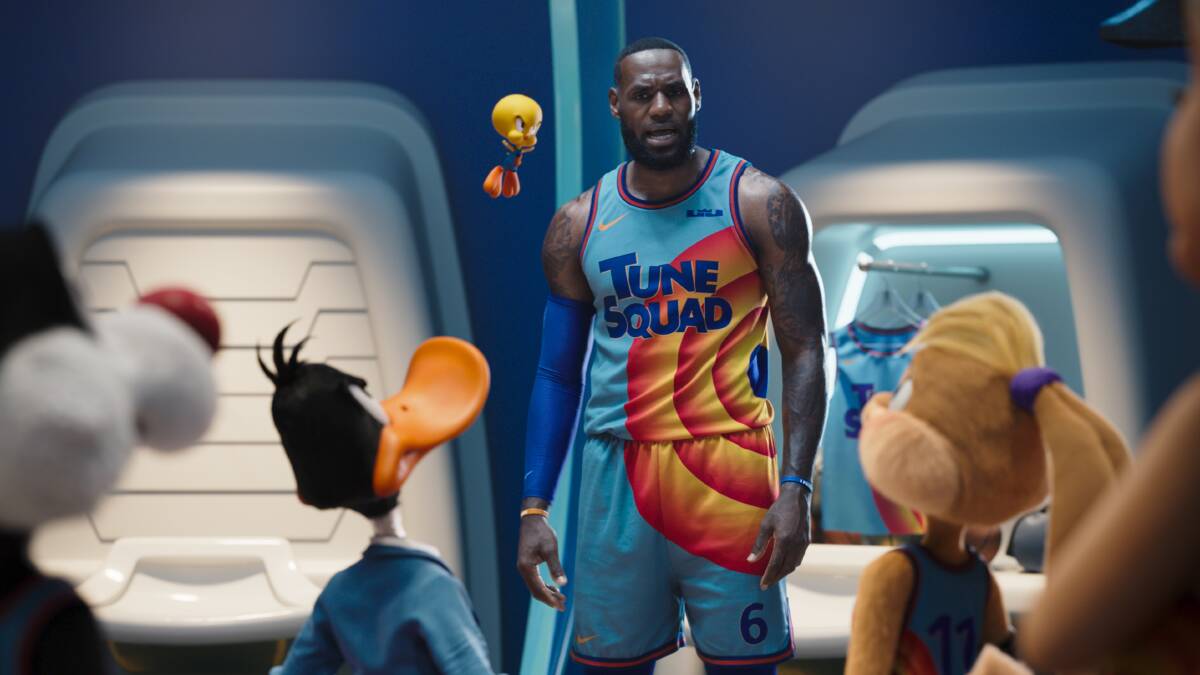 LeBron James, centre, and cartoon characters in Space Jam: A New Legacy. Picture: Warner Bros