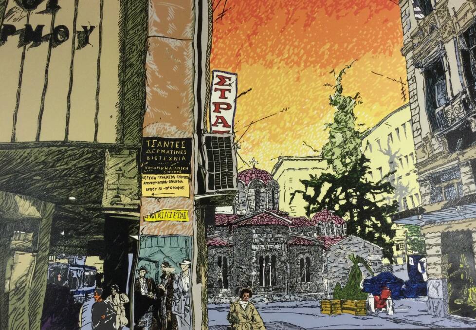 Michael Winters' Ermou Church & Sunset, a remarkably compressed little vignette of Athenian life. Picture: Supplied