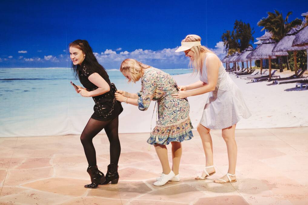 From left, Meaghan Stewart, Charlotte Gearside, and Jessica Gowing performing Honey Honey in Mamma Mia! Picture: Dion Georgopoulos