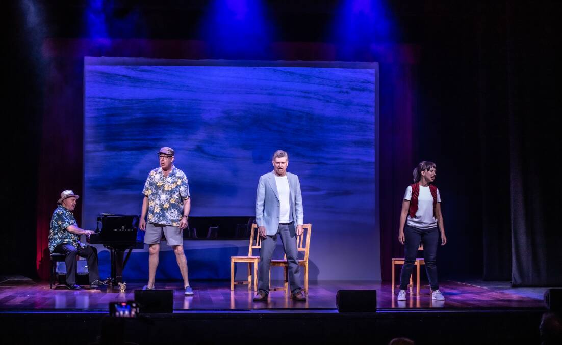 The Wharf Revue: Can of Worms. The iconic trio of Jonathan Biggins (in shorts), Drew Forsythe and Phillip Scott (on piano) are joined by, right, Mandy Bishop. Picture: Karleen Minney