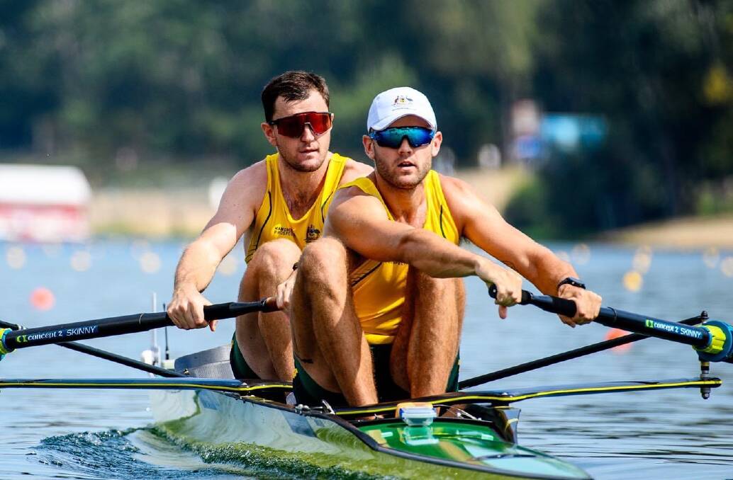 Jindera's Fergus Hamilton (at front) helps lead the charge on the water in the Men's Coxless Pair (M2-) during the world championships at Belgrade, Serbia in September 2023. Picture supplied