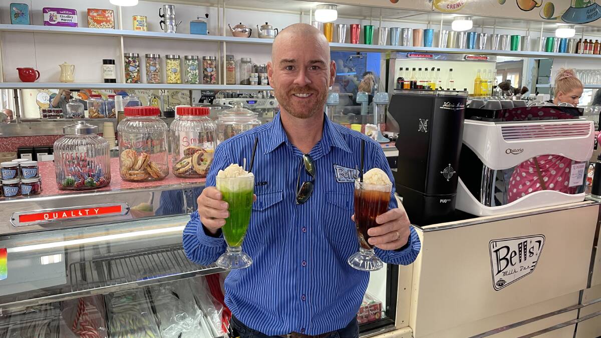 Bells Milk Bar owner Jason King with lime and cola spiders, made using traditional recipe cordials which are manufactured on sites. Picture: Sarah Falson