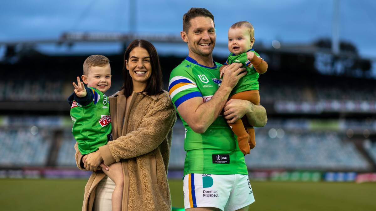 Raiders captain Jarrod Croker with sons Rory, left, and Tate, and wife Brittney. Picture by Gary Ramage