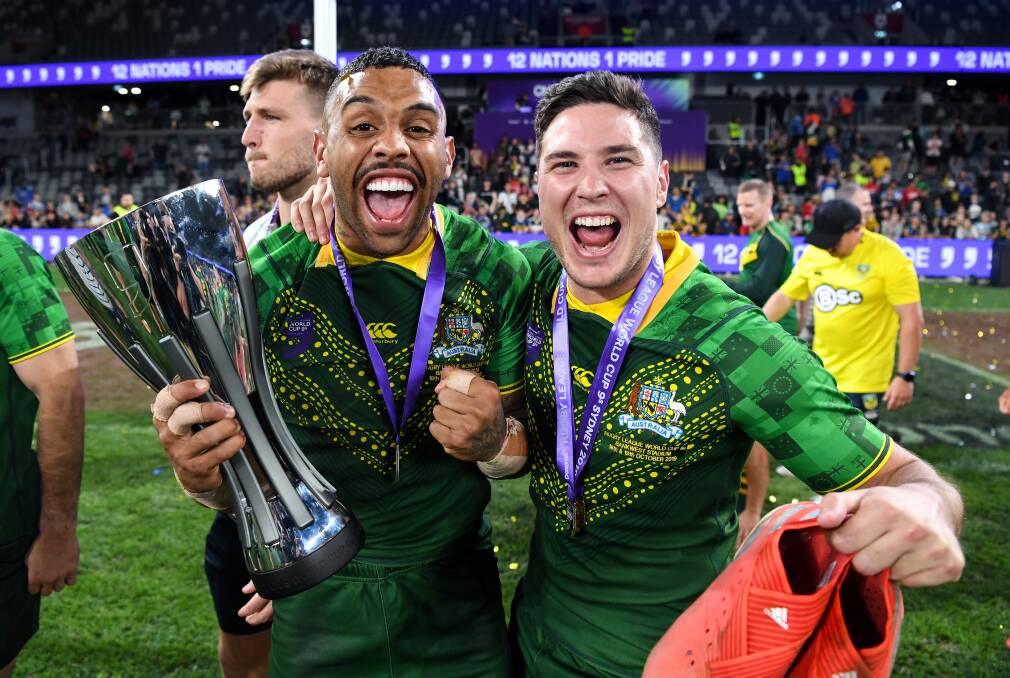 Josh Addo-Carr and Mitchell Moses celebrate Australia's win. Picture: NRL Imagery