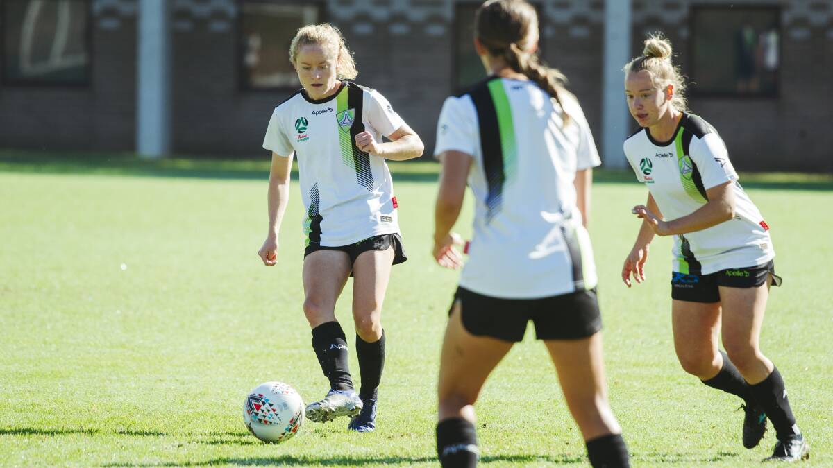 Paige Satchell trains with Canberra United on Easter Sunday. Picture: Dion Georgopoulos