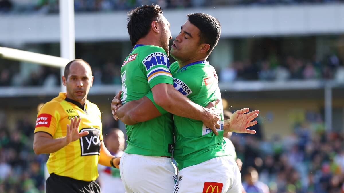 Jordan Rapana and Matt Timoko celebrate a Canberra try. Picture: Getty Images