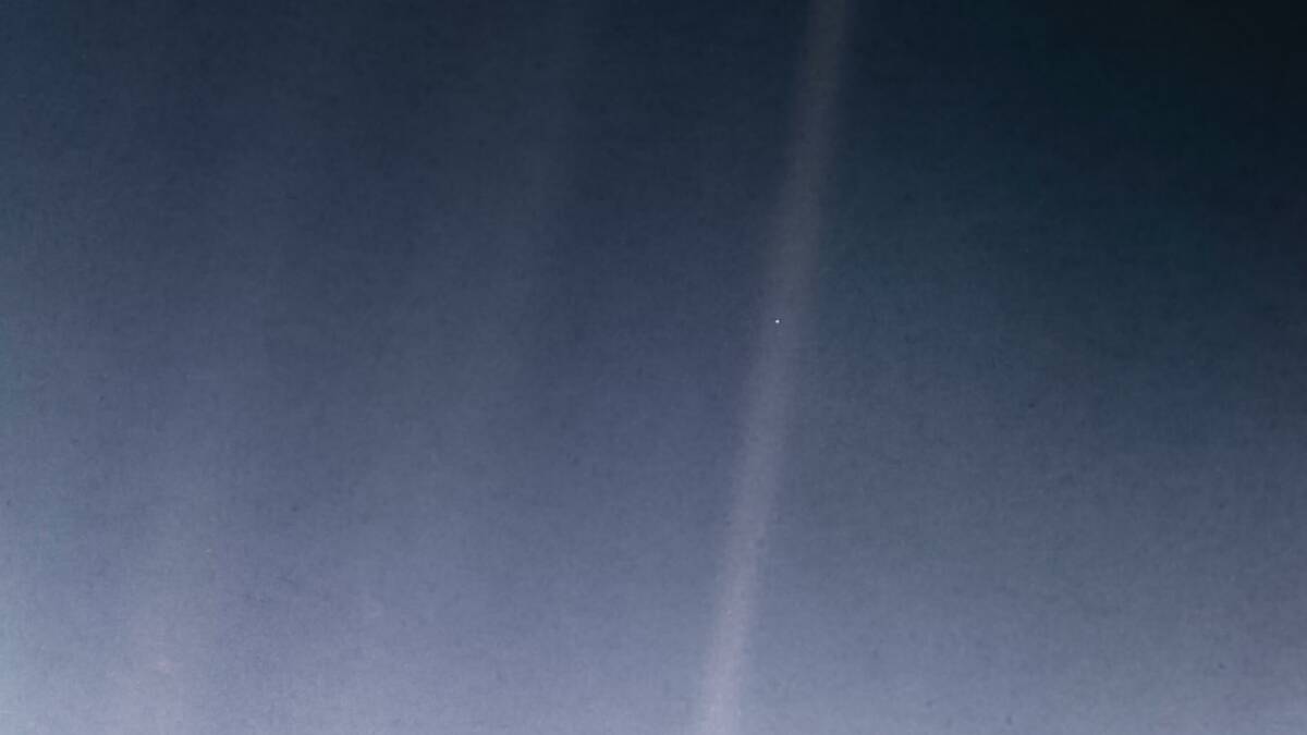 Pale Blue Dot, taken by Voyager 1 in 1990. Here the Earth is seen as a pale blue speck in a beam of sunlight. Picture: NASA/JPL-Caltech