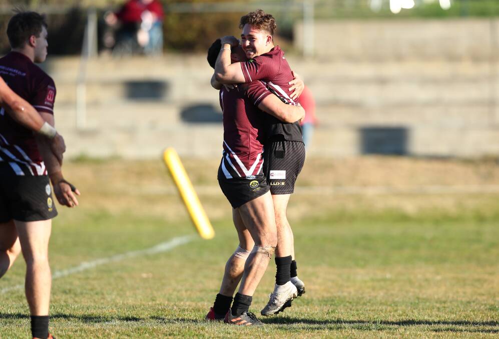 Roos five-eighth Thomas Casey celebrates a key four-pointer. Picture: Keegan Carroll
