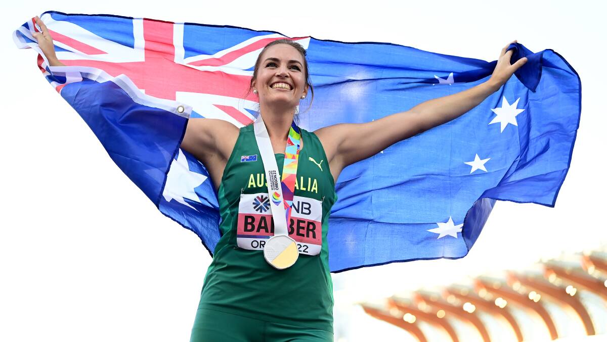 Kelsey-Lee Barber celebrates her stunning javelin gold in Oregon on Saturday (AEST). Picture: Getty Images