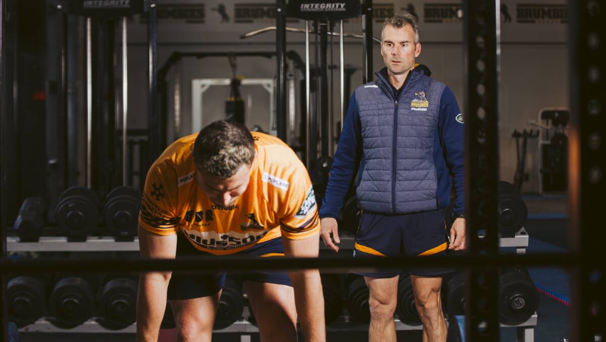Strahorn with Brumbies player Tom Banks. Picture: Jamila Toderas