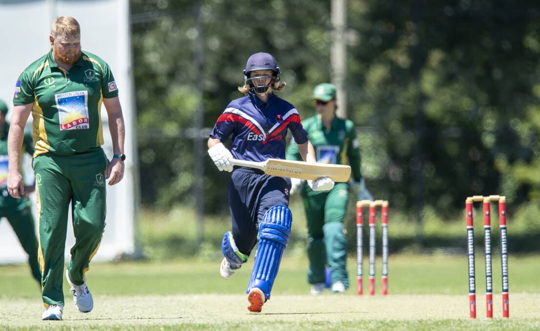 Eastlake's Carly Leeson takes a single in her second grade clash against Weston Creek Molonglo on Saturday. Picture: Keegan Carroll