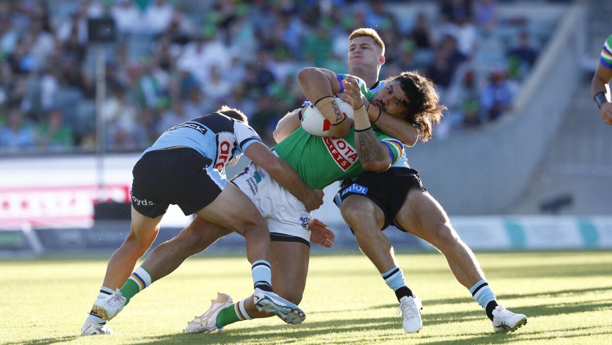 Corey Harawira-Naera is wrapped up by Cronulla's defence. Picture by Keegan Carroll