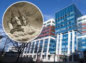 The Sirius Building is named after the First Fleet ship, inset. The meeting rooms above the entrance are designed to resemble the ship's stern. Pictures by Dion Georgopoulos, State Library of NSW 