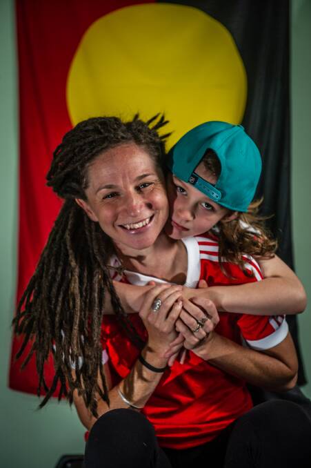 Olympian and Commonwealth gold medallist Beki Smith at home with six-year-old son Lennon (Lenny). Picture: Karleen Minney