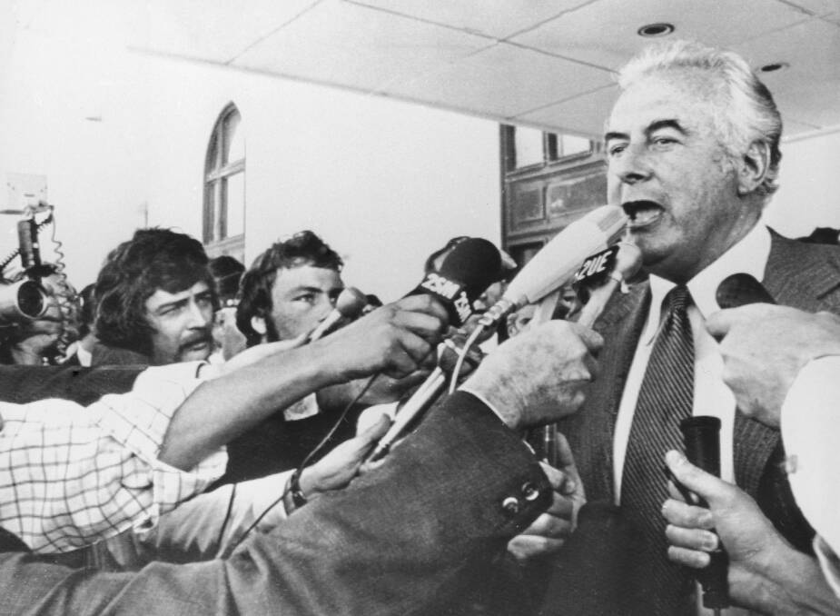 Gough Whitlam addresses the media after his infamous dismissal in 1975. Picture: Getty Images