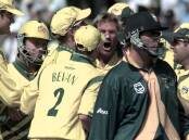 Come with me, boys. I've got you ... Warnie fires up after dismissing Hansie Cronje for a duck in the 1999 ODI World Cup semi-final. Picture: Getty Images