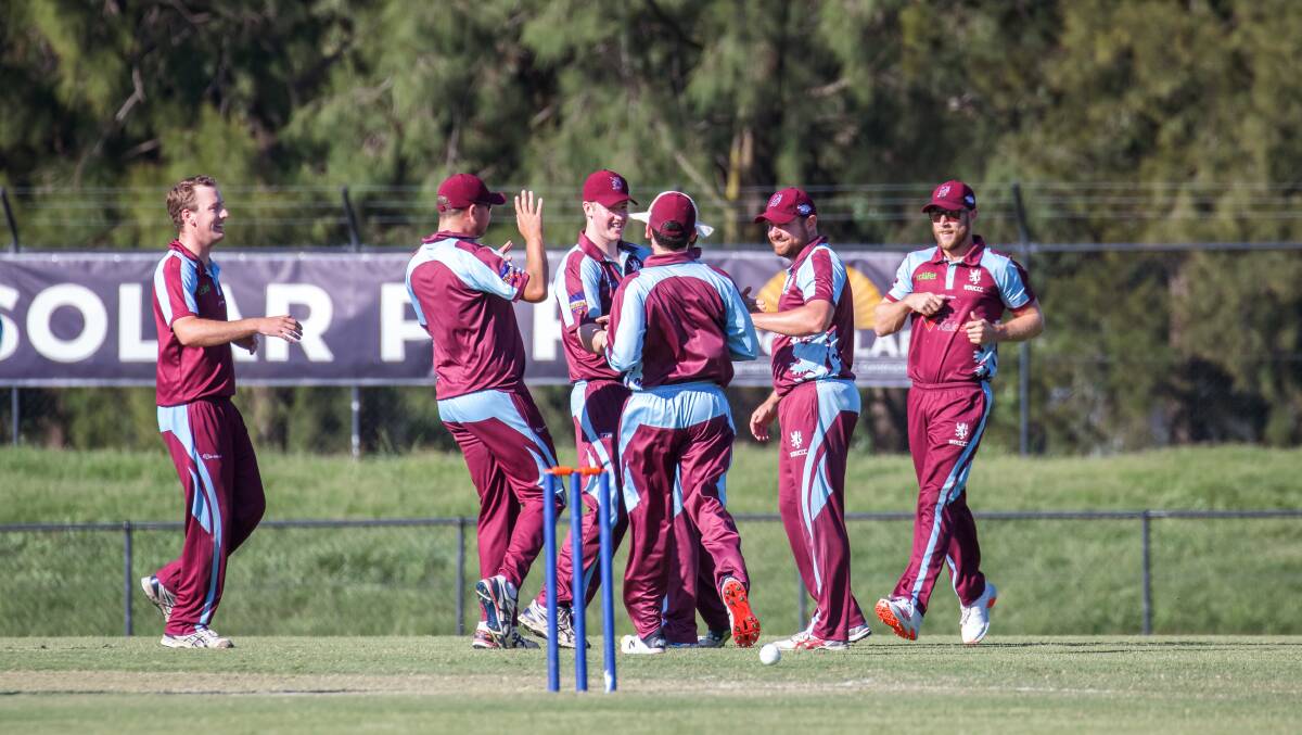 Wests players celebrate the wicket of Mark Higgs. Picture: Sitthixay Ditthavong