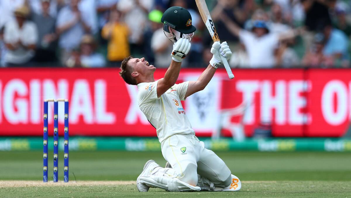 David Warner celebrates (perhaps, overcelebrates) his Boxing Day Test success. Picture Getty Images