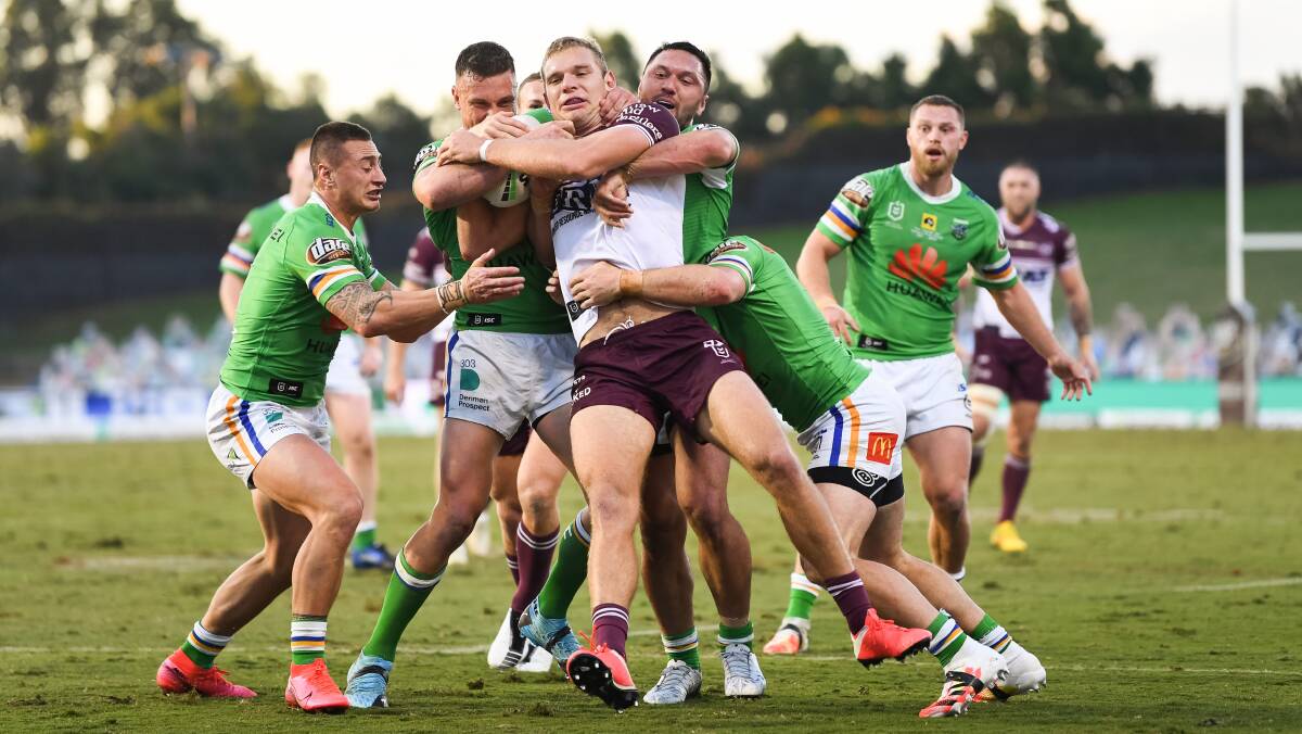 Only injury could stop Manly fullback Tom Trbojevic against the Raiders. Picture: NRL Imagery