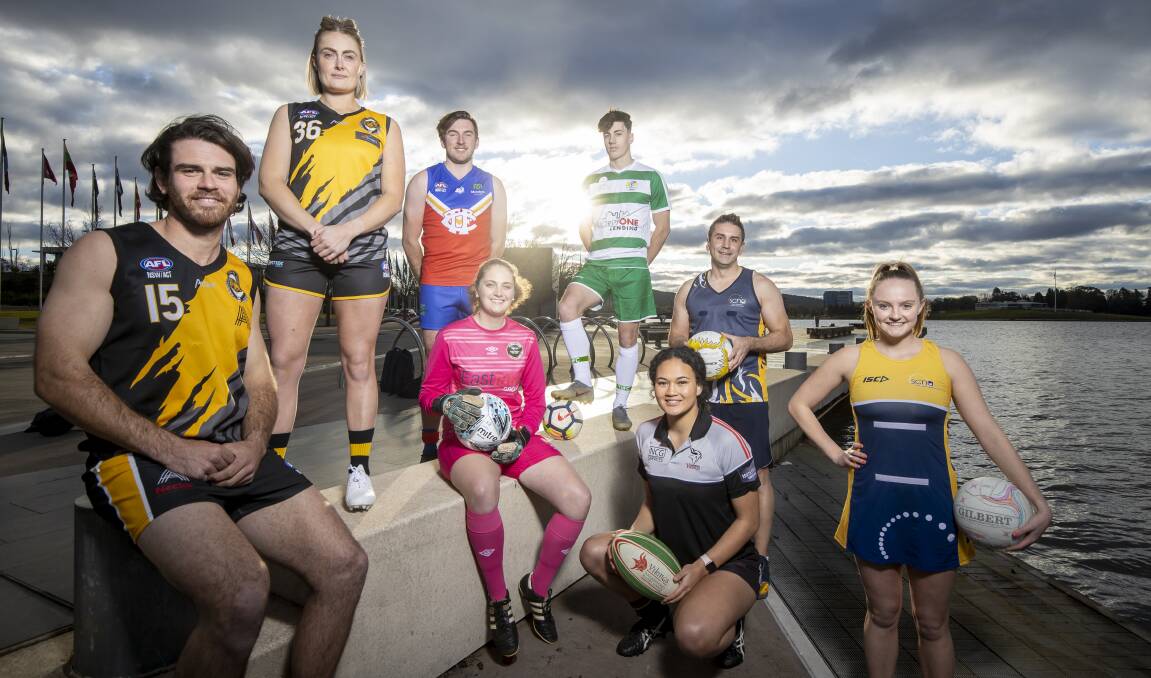 L-R: Queanbeyan Tigers' Tim Shea and Ella Ross, Tuggeranong's Angus Kent (Aussie rules); Gungahlin United's Kailey Tonini and Tuggeranong United's Eddie Coggan (soccer); Tuggeranong ViQueens' Gabby Peterson (rugby union); and South Canberra Netball Association's Brad Manen and Caitlin Hanna are looking forward to the return of Canberra sport. Picture: Sitthixay Ditthavong