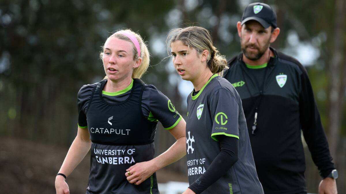 Cannon Clough and Ava Piazza train for Canberra United last week. Picture by Sitthixay Ditthavong