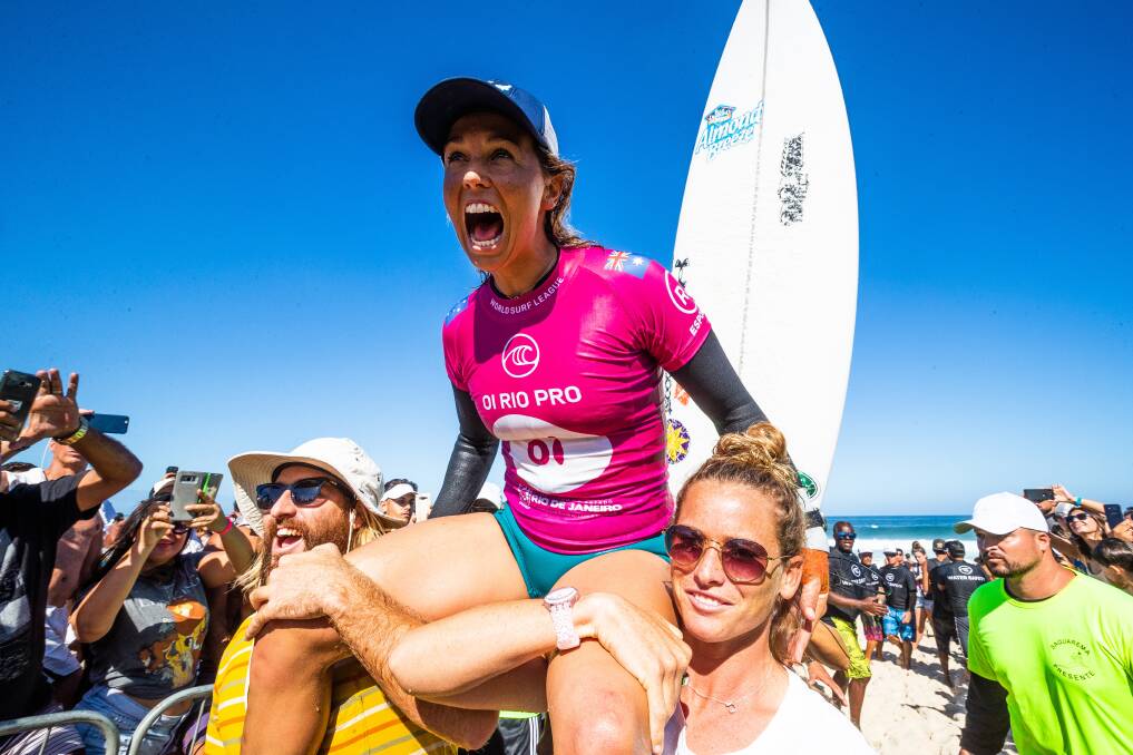 Sally Fitzgibbons after winning the final of World Surf League's Rio Pro in Brazil. Picture: WSL